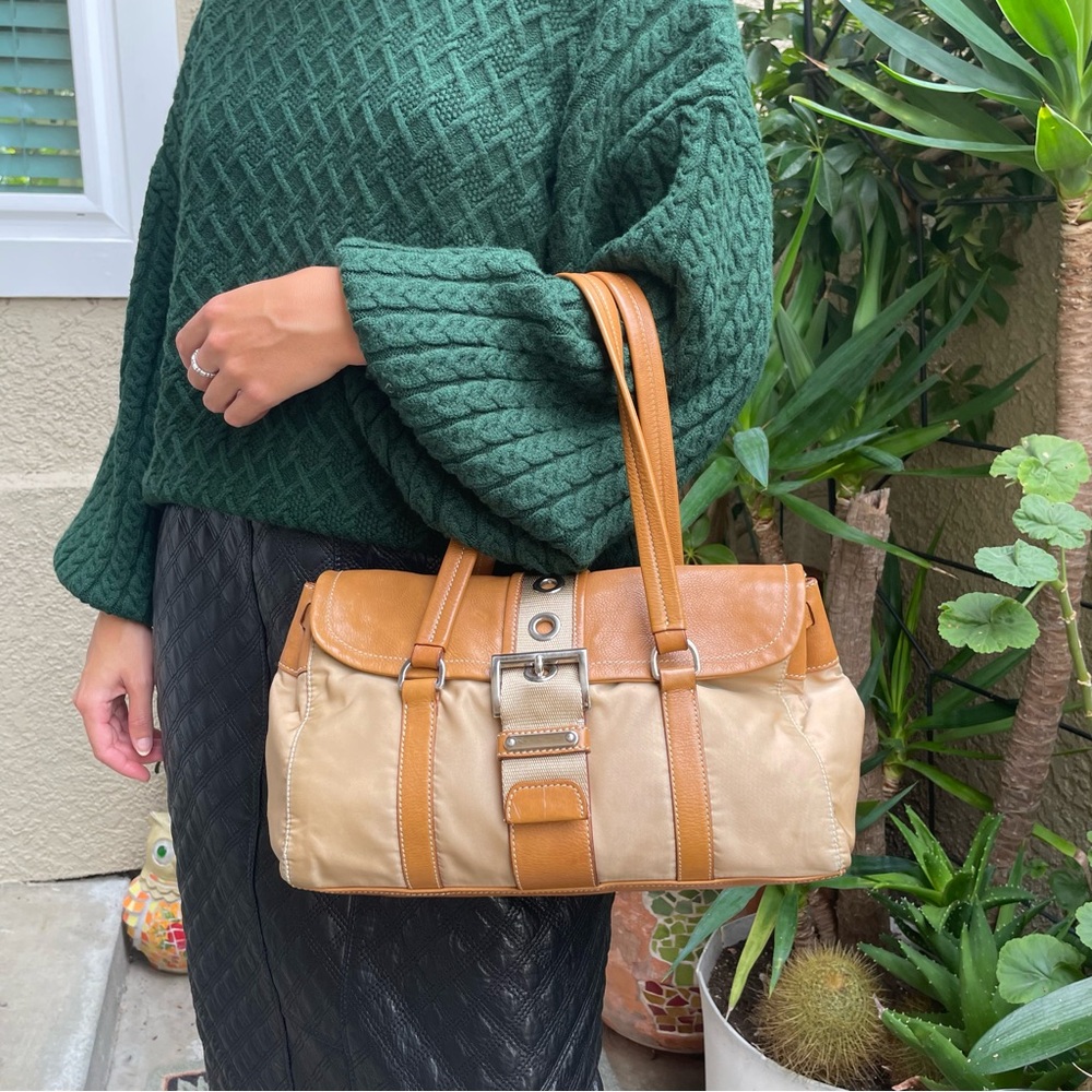 Prada Vintage tan/silver nylon/leather shoulder bag with dust bag